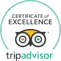 A top banner showing a “Certificate of Excellence” seal with a circular turquoise outline and a TripAdvisor logo beneath, all on a black background.